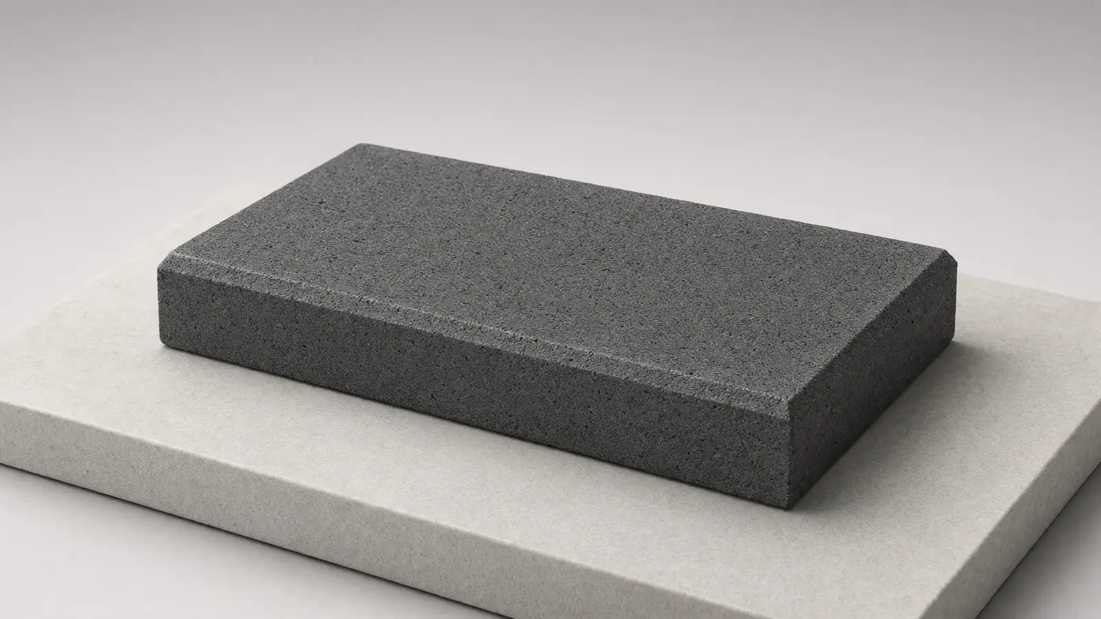 A charcoal concrete paving block on a pale stone plinth