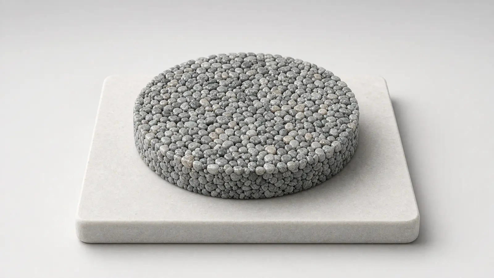 A disc of silver quartz resin-bound surfacing on a pale stone plinth