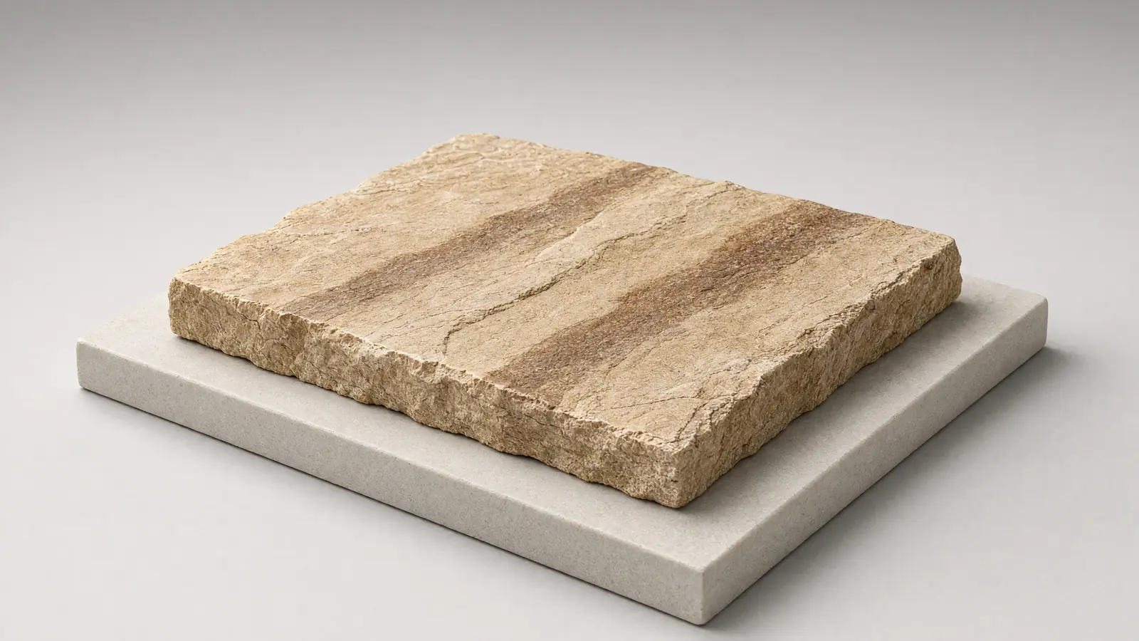 A buff riven sandstone slab on a pale stone plinth
