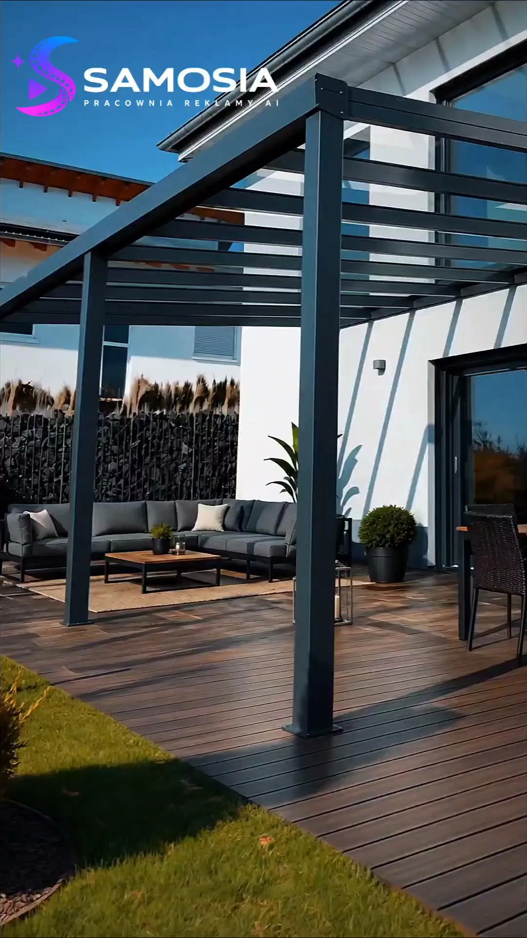 Kadr z filmu „Pergola, która sprzedaje wieczór” — rolka reklamowa ai dla firmy z pergolami i zadaszeniami