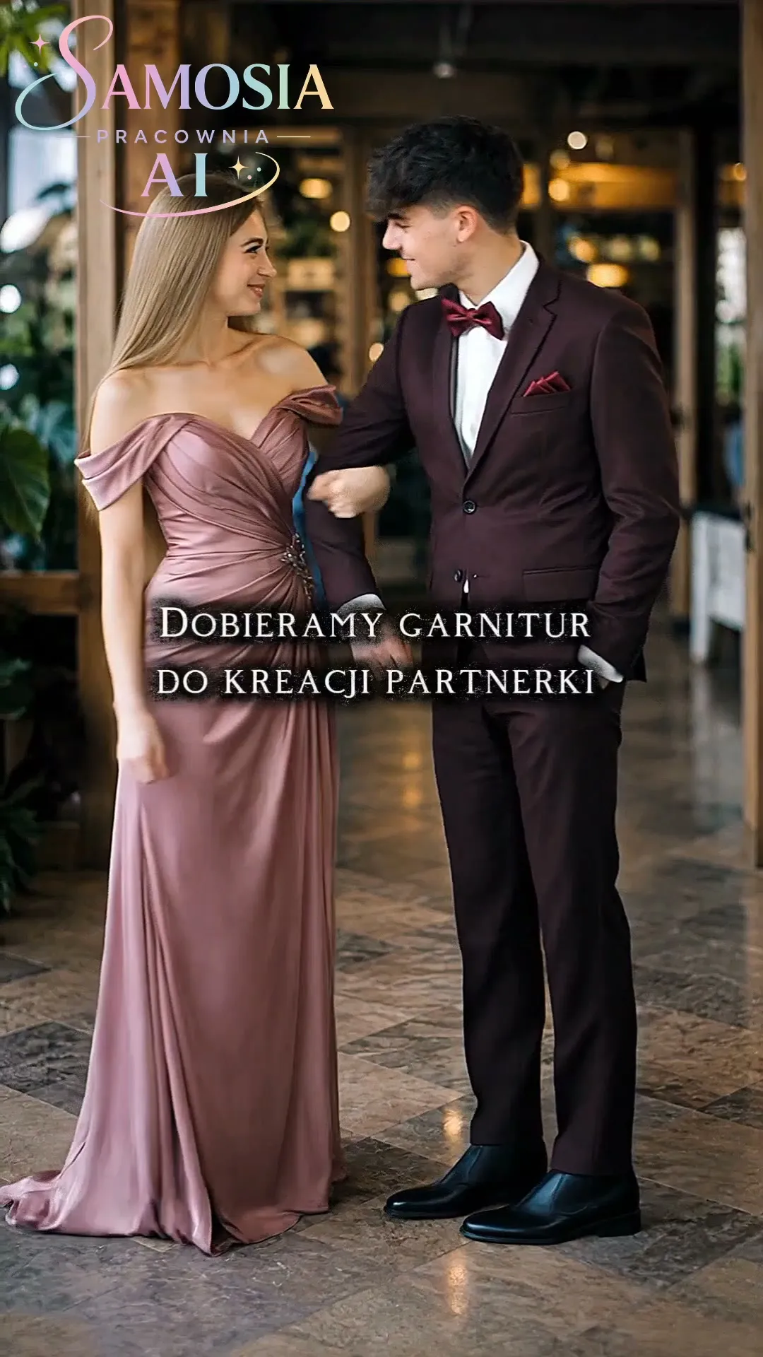 Kadr z filmu „Garnitur do kreacji partnerki” — rolka reklamowa ai dla salonu z modą męską