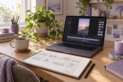 Pracownia: laptop z podglądem filmu i storyboard