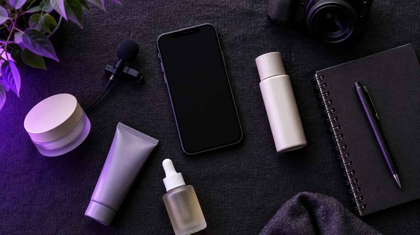 Flatlay narzędzi twórcy: telefon, mikrofon krawatowy, nieoznakowane próbki produktów i notes na ciemnym lnianym materiale